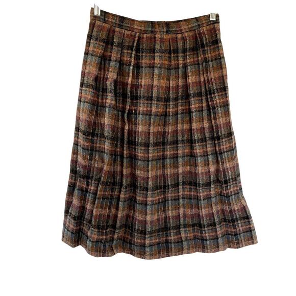 VIntage wool midi length skirt tartan plaid black burgundy striped design 14 - Picture 1 of 5